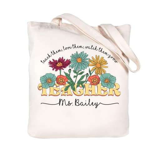 NAZENTI Personalized Teacher Tote Bag - Custom Teacher Bag With Name, Flower Teacher Tote, Teacher Gifts for Women, Teacher Appreciation Gifts, Preschool Kindergarten Teacher Gift, Christmas Gifts