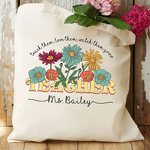 NAZENTI Personalized Teacher Tote Bag - Custom Teacher Bag With Name, Flower Teacher Tote, Teacher Gifts for Women, Teacher Appreciation Gifts, Preschool Kindergarten Teacher Gift, Christmas Gifts