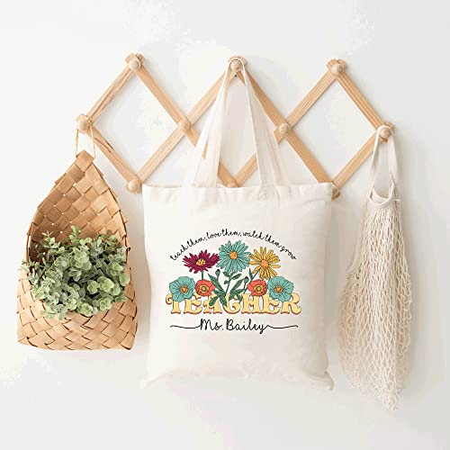 NAZENTI Personalized Teacher Tote Bag - Custom Teacher Bag With Name, Flower Teacher Tote, Teacher Gifts for Women, Teacher Appreciation Gifts, Preschool Kindergarten Teacher Gift, Christmas Gifts