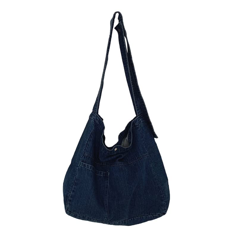 Retro Y2K Denim Shoulder Bag, Large Capacity Hobo Crossbody Messenger Bag, Aesthetic Handbag Fairy Grunge Tote Bag (Dark Blue)