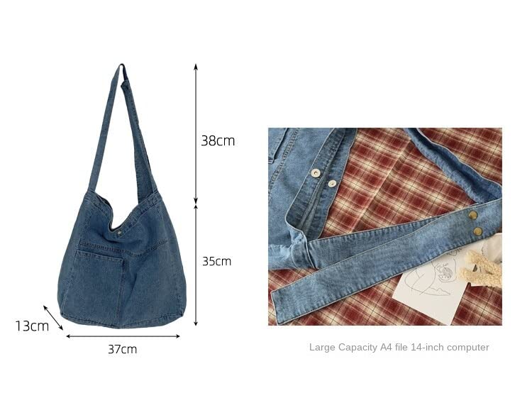 Retro Y2K Denim Shoulder Bag, Large Capacity Hobo Crossbody Messenger Bag, Aesthetic Handbag Fairy Grunge Tote Bag (Dark Blue)