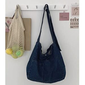 Retro Y2K Denim Shoulder Bag, Large Capacity Hobo Crossbody Messenger Bag, Aesthetic Handbag Fairy Grunge Tote Bag (Dark Blue)