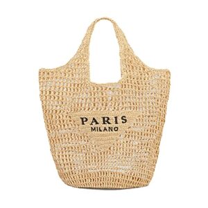 New Woven Bag, Straw Mesh Tote Bag, Beach, Shoulder Bag, Hobo Women, Foldable Large Capacity, for Holiday, Picnic and Party. (Khaki)