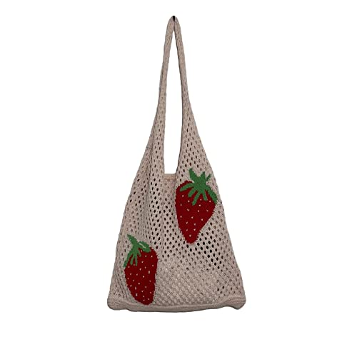 Women's Shoulder Handbags Aesthetic Knitted Hobo Bag Cute Hollow Strawberry Bag Y2K Underarm Bag Beach Bag Y2K Shoulder Cute Flower Knitting Tote (Off-white)