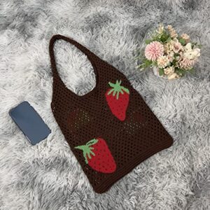 Women's Shoulder Handbags Aesthetic Knitted Hobo Bag Cute Hollow Strawberry Bag Y2K Underarm Bag Beach Bag Y2K Shoulder Cute Flower Knitting Tote (Off-white)