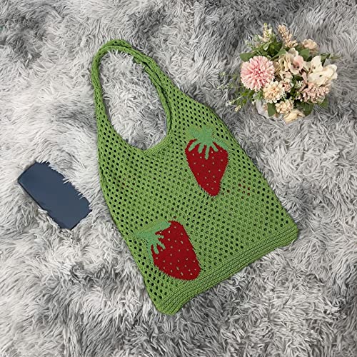 Women's Shoulder Handbags Aesthetic Knitted Hobo Bag Cute Hollow Strawberry Bag Y2K Underarm Bag Beach Bag Y2K Shoulder Cute Flower Knitting Tote (Off-white)