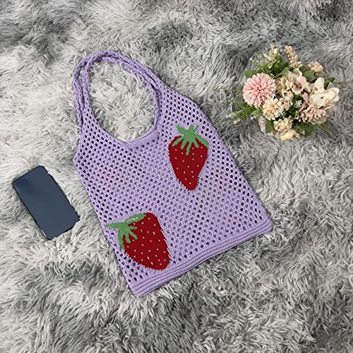 Women's Shoulder Handbags Aesthetic Knitted Hobo Bag Cute Hollow Strawberry Bag Y2K Underarm Bag Beach Bag Y2K Shoulder Cute Flower Knitting Tote (Off-white)