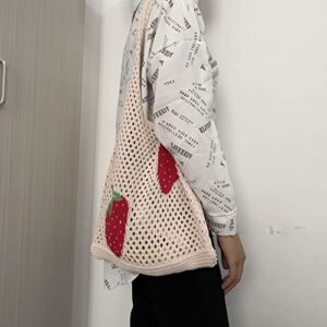 Women's Shoulder Handbags Aesthetic Knitted Hobo Bag Cute Hollow Strawberry Bag Y2K Underarm Bag Beach Bag Y2K Shoulder Cute Flower Knitting Tote (Off-white)