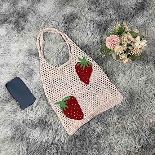 Women's Shoulder Handbags Aesthetic Knitted Hobo Bag Cute Hollow Strawberry Bag Y2K Underarm Bag Beach Bag Y2K Shoulder Cute Flower Knitting Tote (Off-white)