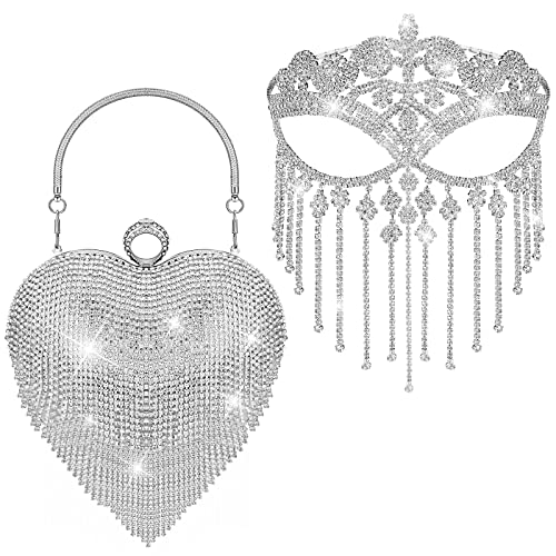 Amylove Heart Shape Tassel Evening Clutch Bag Silver Masquerade Tassel Mask Chain for Women Rhinestone Purse Face Jewelry for Wedding Party Cosplay