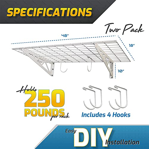 MonsterRax | Garage Wall Shelf Two-Pack White or Hammertone | Three Size Options | Includes Bike Hooks | 300lb Weight Capacity (White, 12''x36'') MR-WS1 12x36-W