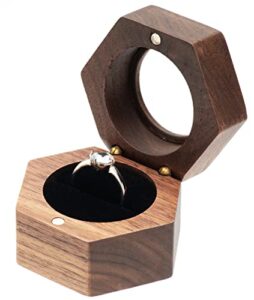 cosiso hexagon wooden ring gift box case for proposal engagement,single ring holder storage box jewelry display (black inner)