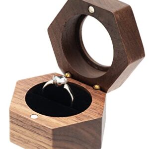 COSISO Hexagon Wooden Ring Gift Box Case for Proposal Engagement,Single Ring Holder Storage Box Jewelry Display (Black Inner)