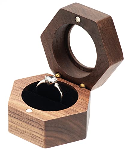 COSISO Hexagon Wooden Ring Gift Box Case for Proposal Engagement,Single Ring Holder Storage Box Jewelry Display (Black Inner)