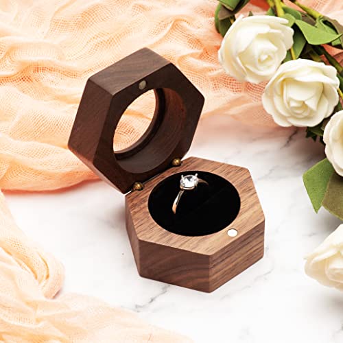 COSISO Hexagon Wooden Ring Gift Box Case for Proposal Engagement,Single Ring Holder Storage Box Jewelry Display (Black Inner)