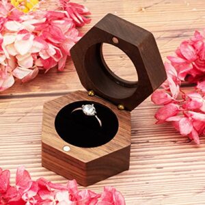 COSISO Hexagon Wooden Ring Gift Box Case for Proposal Engagement,Single Ring Holder Storage Box Jewelry Display (Black Inner)