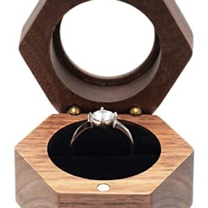 COSISO Hexagon Wooden Ring Gift Box Case for Proposal Engagement,Single Ring Holder Storage Box Jewelry Display (Black Inner)