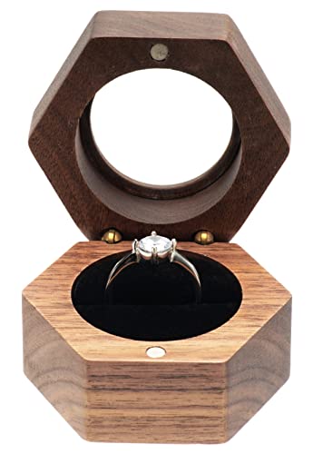 COSISO Hexagon Wooden Ring Gift Box Case for Proposal Engagement,Single Ring Holder Storage Box Jewelry Display (Black Inner)