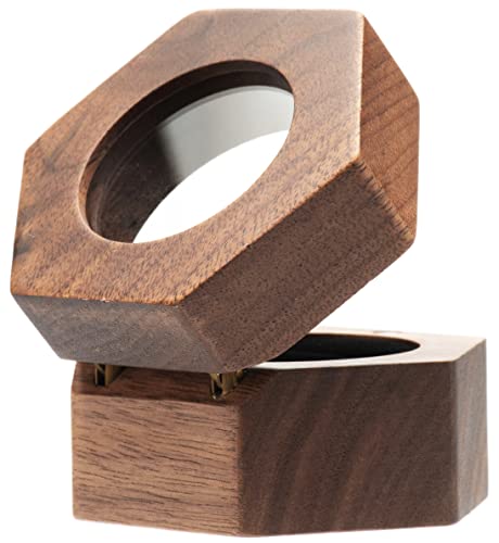 COSISO Hexagon Wooden Ring Gift Box Case for Proposal Engagement,Single Ring Holder Storage Box Jewelry Display (Black Inner)