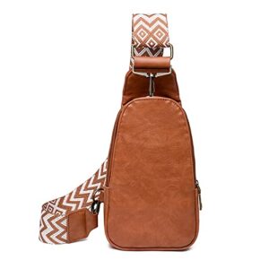 chest bag sling bag for women, small crossbody pu leather satchel daypack for lady shopping travel fashion shoulder strap (brown)