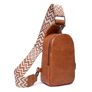 Chest Bag Sling Bag for Women, Small Crossbody PU Leather Satchel Daypack for Lady Shopping Travel Fashion Shoulder Strap (Brown)