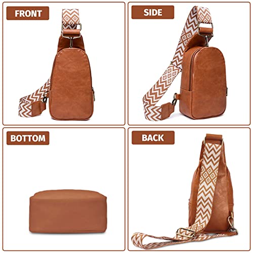 Chest Bag Sling Bag for Women, Small Crossbody PU Leather Satchel Daypack for Lady Shopping Travel Fashion Shoulder Strap (Brown)