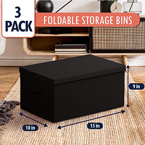 Ornavo Home Foldable Collapsible Large Storage Box Bins Fabric Shelf Basket Organizer with Handles and Lid - Set of 3 - 15 x 10 x 9 - Black