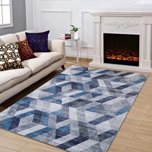 Zacoo 4x6 Area Rug Geometric Entryway Rug Distressed Vintage Rug Traditional Soft Thin Thow Rug Washable Retro Floor Cover Indoor Mat Non Slip Low Pile Comfy Carpet for Bedroom Living Room, Navy Blue