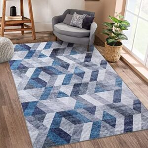 Zacoo 4x6 Area Rug Geometric Entryway Rug Distressed Vintage Rug Traditional Soft Thin Thow Rug Washable Retro Floor Cover Indoor Mat Non Slip Low Pile Comfy Carpet for Bedroom Living Room, Navy Blue