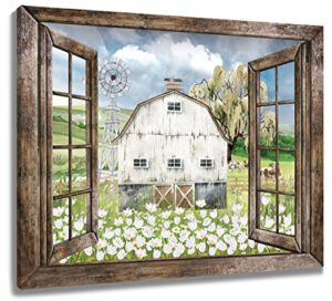 lb farmhouse barn wall art country vintage watercolor floral and window paintings picture rustic canvas wall art for living room bedroom bathroom wall artwork home decor framed ready to hang 16″x12″