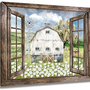 LB Farmhouse Barn Wall Art Country Vintage Watercolor Floral and Window Paintings Picture Rustic Canvas Wall Art for Living Room Bedroom Bathroom Wall Artwork Home Decor Framed Ready to Hang 16"x12"