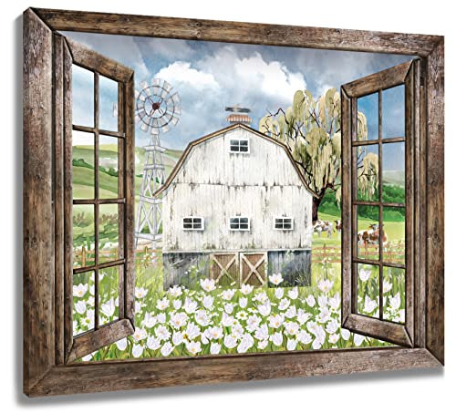 LB Farmhouse Barn Wall Art Country Vintage Watercolor Floral and Window Paintings Picture Rustic Canvas Wall Art for Living Room Bedroom Bathroom Wall Artwork Home Decor Framed Ready to Hang 16"x12"
