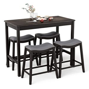 giantex dining table set for 4, kitchen counter height table w/ 4 stools, 5 piece bistro table set, rubber wood pub dinette set w/upholstered stools, space-saving table set for small spaces (black)