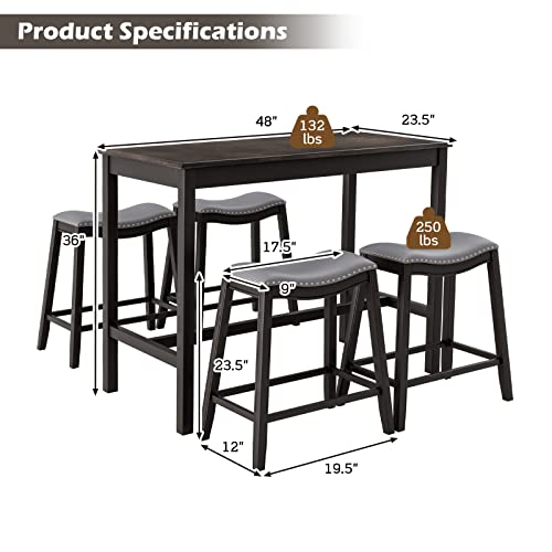 Giantex Dining Table Set for 4, Kitchen Counter Height Table w/ 4 Stools, 5 Piece Bistro Table Set, Rubber Wood Pub Dinette Set w/Upholstered Stools, Space-Saving Table Set for Small Spaces (Black)