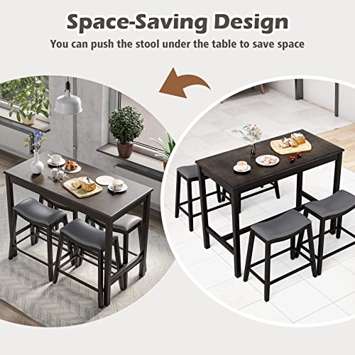 Giantex Dining Table Set for 4, Kitchen Counter Height Table w/ 4 Stools, 5 Piece Bistro Table Set, Rubber Wood Pub Dinette Set w/Upholstered Stools, Space-Saving Table Set for Small Spaces (Black)