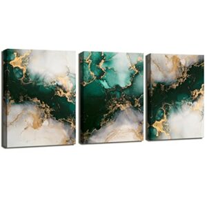 emerald green wall art,for dining room bedroom bathroom living room wall decor, green and gold abstract canvas wall art, modern glam home office wall decoration 12″ x 16″ x 3 pieces