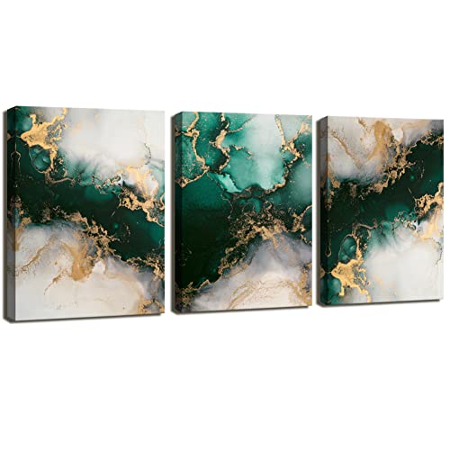 Emerald Green Wall Art,for Dining Room Bedroom Bathroom Living Room Wall Decor, Green and Gold Abstract Canvas Wall Art, Modern Glam Home Office Wall Decoration 12" X 16" X 3 Pieces