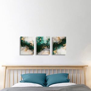 Emerald Green Wall Art,for Dining Room Bedroom Bathroom Living Room Wall Decor, Green and Gold Abstract Canvas Wall Art, Modern Glam Home Office Wall Decoration 12" X 16" X 3 Pieces