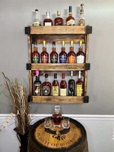 wooden bourbon whiskey barrel stave shelf, large torched three-tier liquor bottle display cabinet, wall mount, easy installation, medium