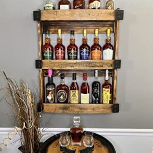 Wooden Bourbon Whiskey Barrel Stave Shelf, Large Torched Three-Tier Liquor Bottle Display Cabinet, Wall Mount, Easy Installation, Medium