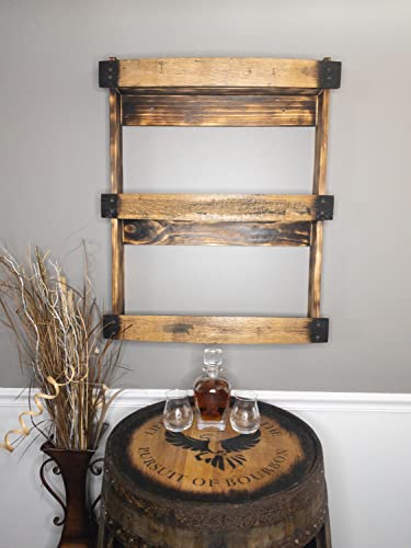 Wooden Bourbon Whiskey Barrel Stave Shelf, Large Torched Three-Tier Liquor Bottle Display Cabinet, Wall Mount, Easy Installation, Medium