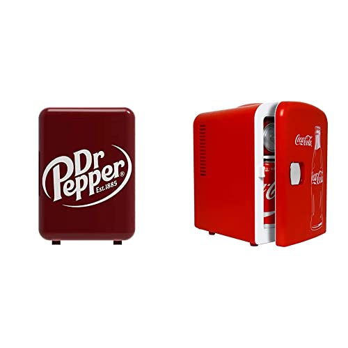 CURTIS MIS135DRP DR. Pepper Mini Portable Compact Personal Fridge Cooler, 6 Cans, Maroon & Coca-Cola Classic Coke Bottle 4L Mini Fridge w/ 12V DC and 110V AC Cords, 6 Can Portable Cooler, Red