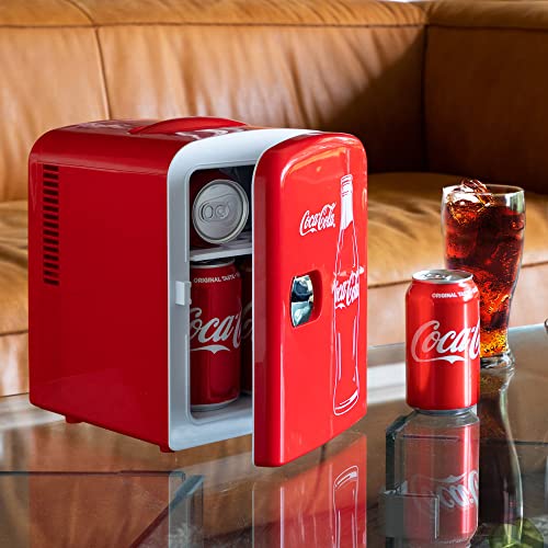 CURTIS MIS135DRP DR. Pepper Mini Portable Compact Personal Fridge Cooler, 6 Cans, Maroon & Coca-Cola Classic Coke Bottle 4L Mini Fridge w/ 12V DC and 110V AC Cords, 6 Can Portable Cooler, Red