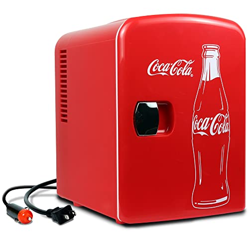 CURTIS MIS135DRP DR. Pepper Mini Portable Compact Personal Fridge Cooler, 6 Cans, Maroon & Coca-Cola Classic Coke Bottle 4L Mini Fridge w/ 12V DC and 110V AC Cords, 6 Can Portable Cooler, Red