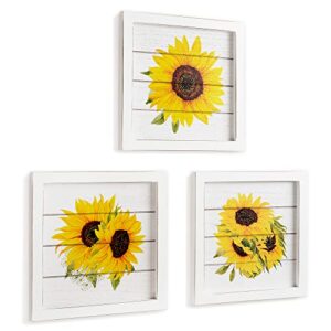 sunflower wall decor set of 3 – rustic 8×8 inch printed panels for home, bathroom, kitchen, or office – sunflower gifts for women wood flower pictures design theme clearance decorations sun flowers to brighten up any space