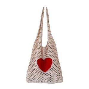 y2k accessories fairy grunge bag aesthetic tote bag boho shoulder bag hobo knit handbag crocheted hollow cute tote bag heart print shopping bag (off-white)