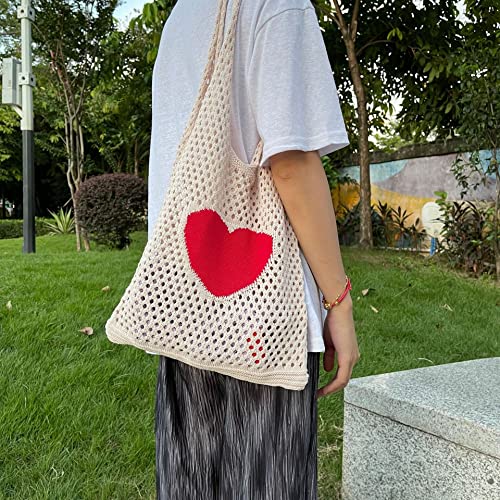 Y2K Accessories Fairy Grunge Bag Aesthetic Tote Bag Boho Shoulder Bag Hobo Knit Handbag Crocheted Hollow Cute Tote Bag Heart Print Shopping Bag (Off-white)