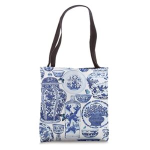 chinoiserie vase and plate toile blue and white tote bag