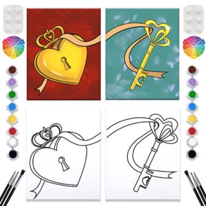 2 pack paint and sip canvas painting kit pre drawn canvas for painting for adults stretched canvas couples games date night lock key paint party supplies favor (8×10)