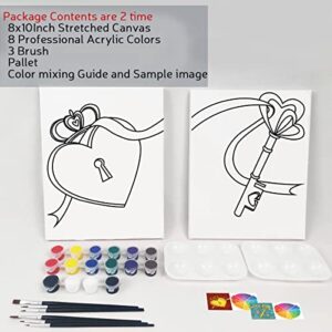 2 Pack Paint and Sip Canvas Painting Kit Pre Drawn Canvas for Painting for adults Stretched Canvas Couples Games Date Night Lock Key Paint Party Supplies Favor (8x10)